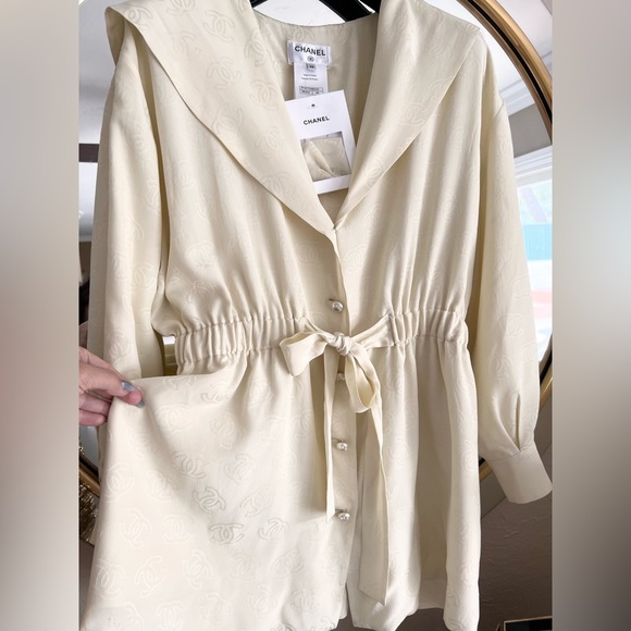 CHANEL Tops - CHANEL 2023 Allover CC BLOUSE light yellow silk monogram pearl crystal buttons